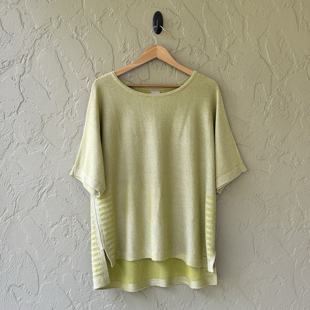 Chico's Women's 2 Lime Green Large Shimmer Side Ribbed Pullover Sweater Top NWOT
